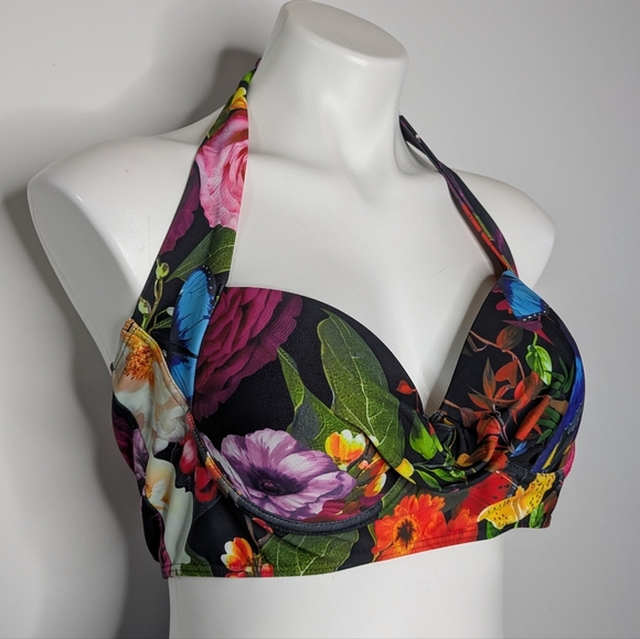 Peddney Black Colorful Flower Bird Butterfly Halter Tie Bikini Top L - Picture 4 of 9
